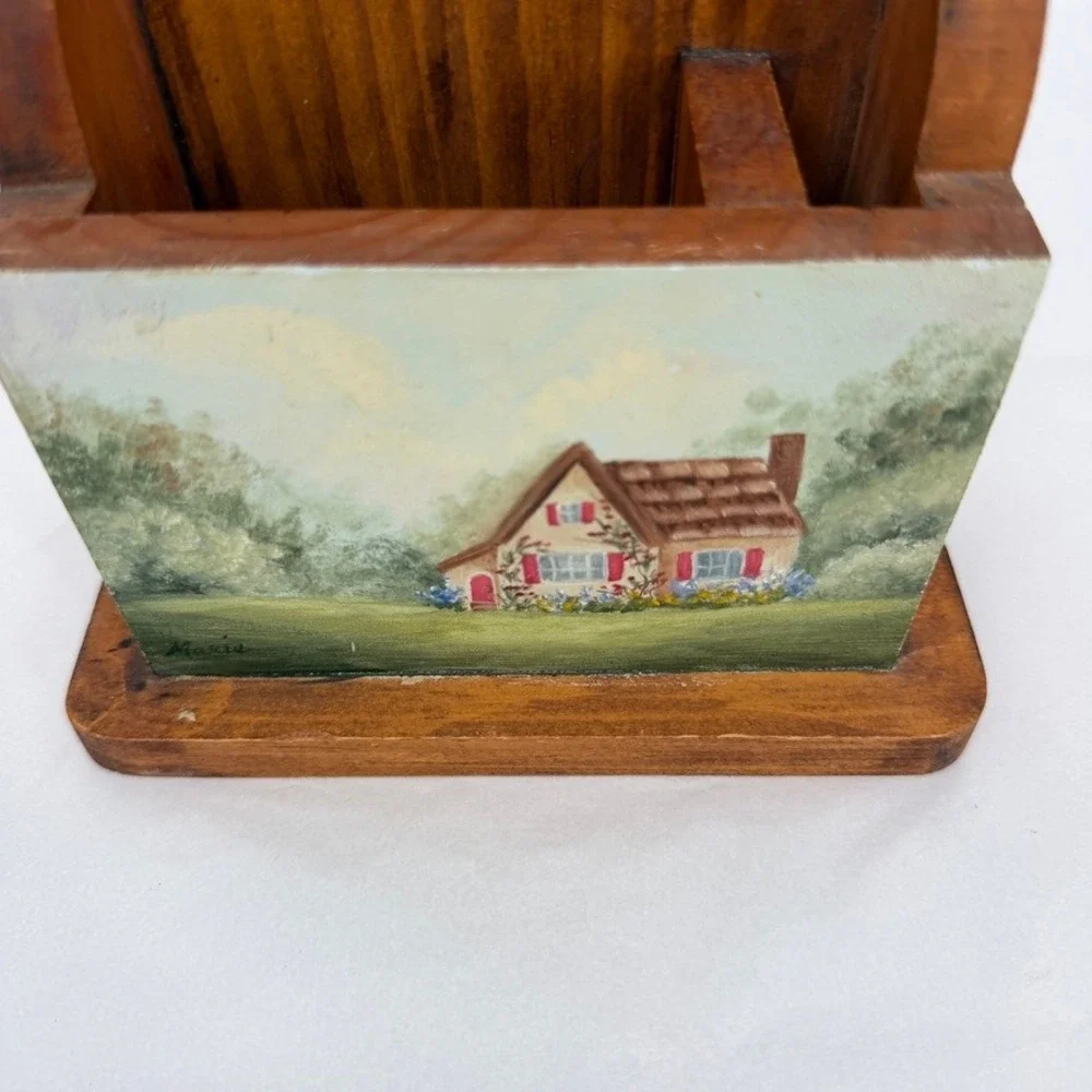 Wooden Note & Pen Holder Hand Painted Cottage Scene Desk Organizer VTG Country